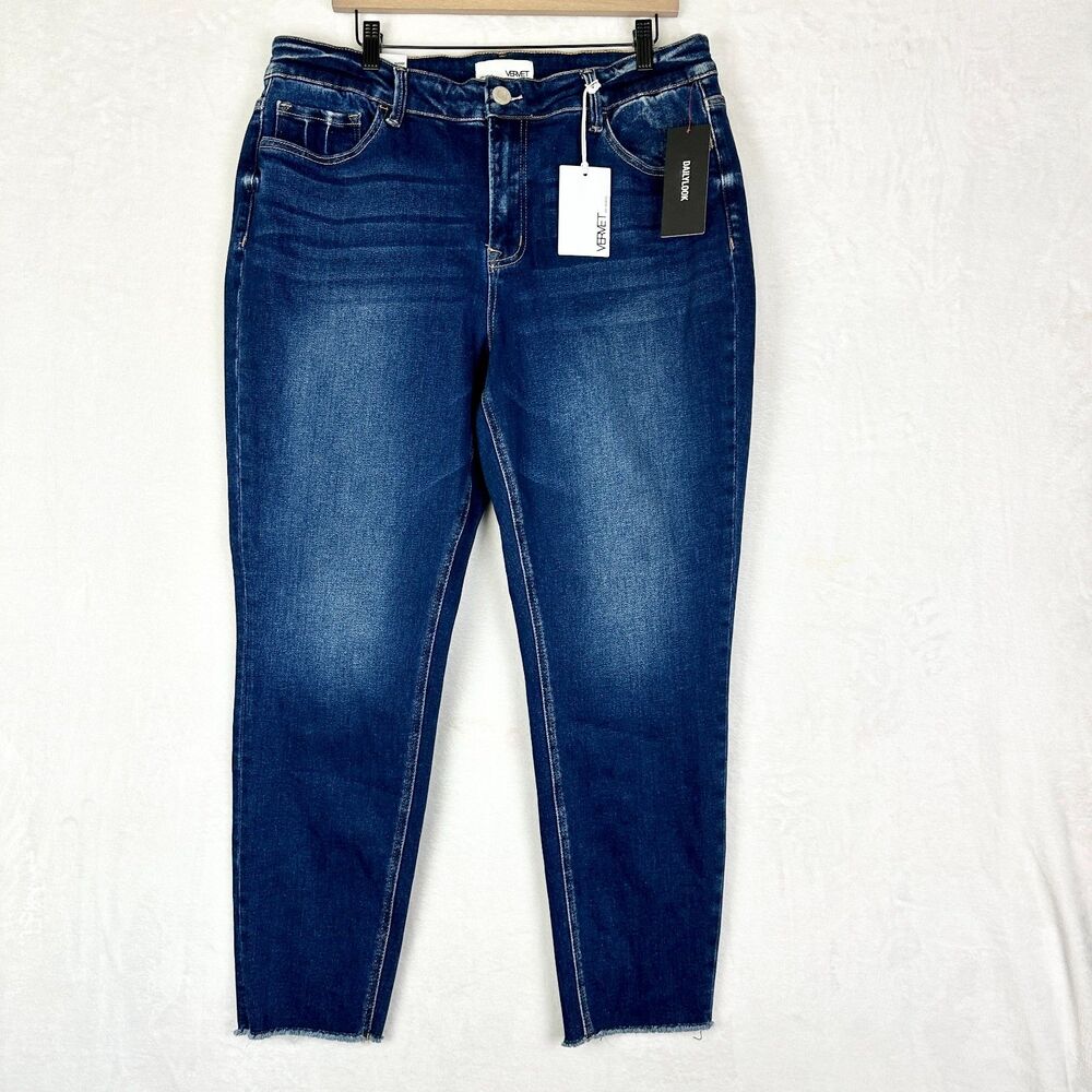 Vervet Amber Mid Rise Skinny Jeans Size 18 NWT Dark Wash Raw Hem Cropped Stretch